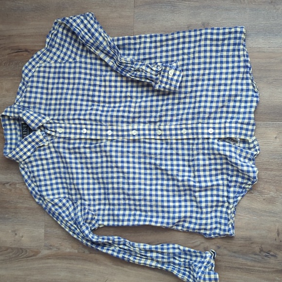 mine Shirts Mens 0 Linen Blue And Cream Checkered Buttonup Shirt — free download
